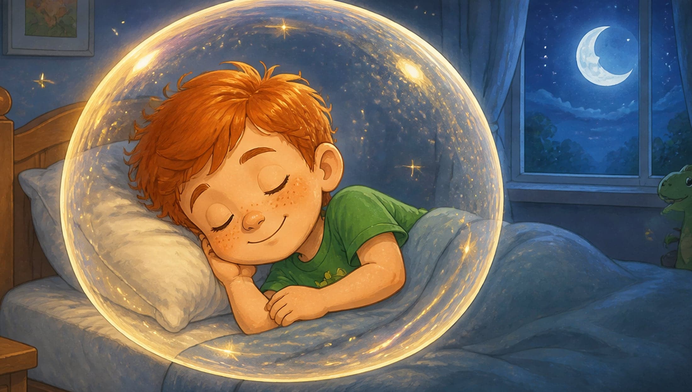Leo asleep in his own bed, wrapped in a glowing bubble